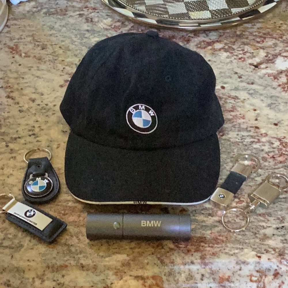 Authentic BMW, flashlight and key rings and  cap